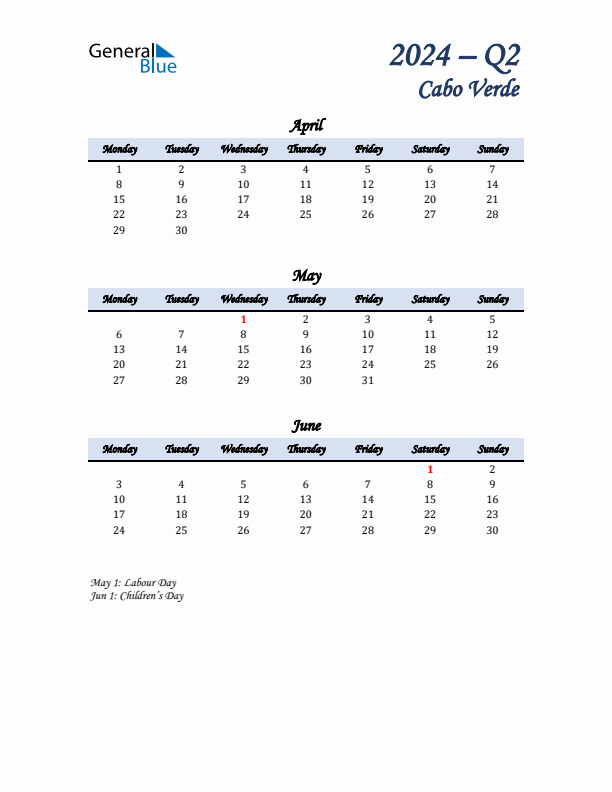 April, May, and June Calendar for Cabo Verde with Monday Start