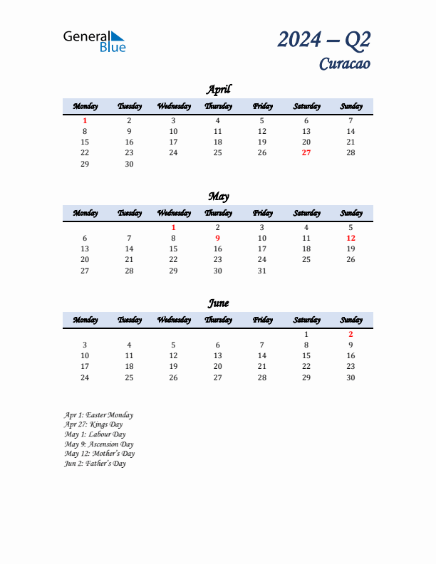 April, May, and June Calendar for Curacao with Monday Start