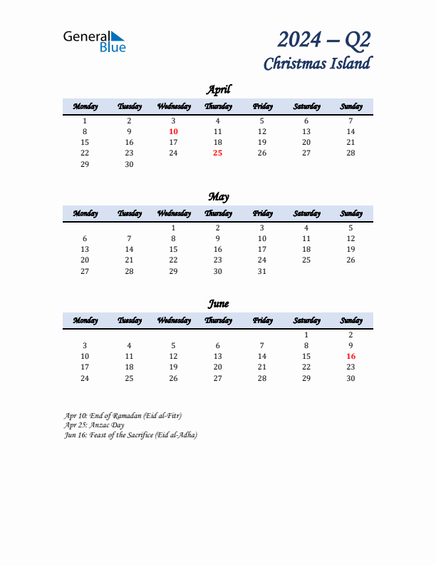 April, May, and June Calendar for Christmas Island with Monday Start