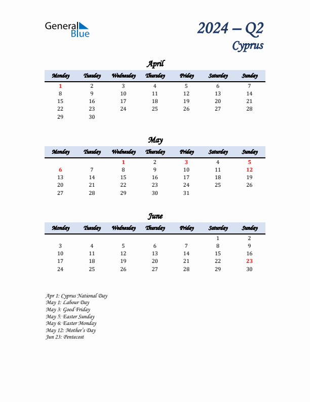 April, May, and June Calendar for Cyprus with Monday Start