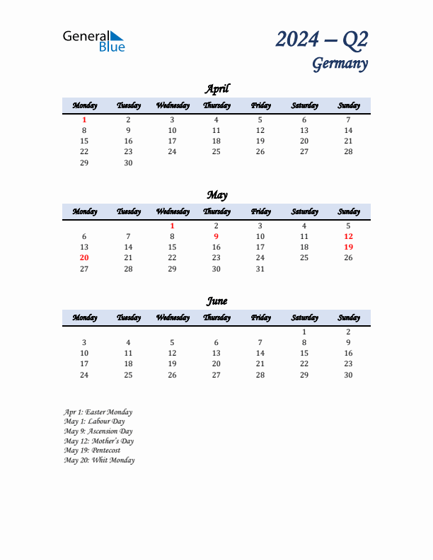 April, May, and June Calendar for Germany with Monday Start