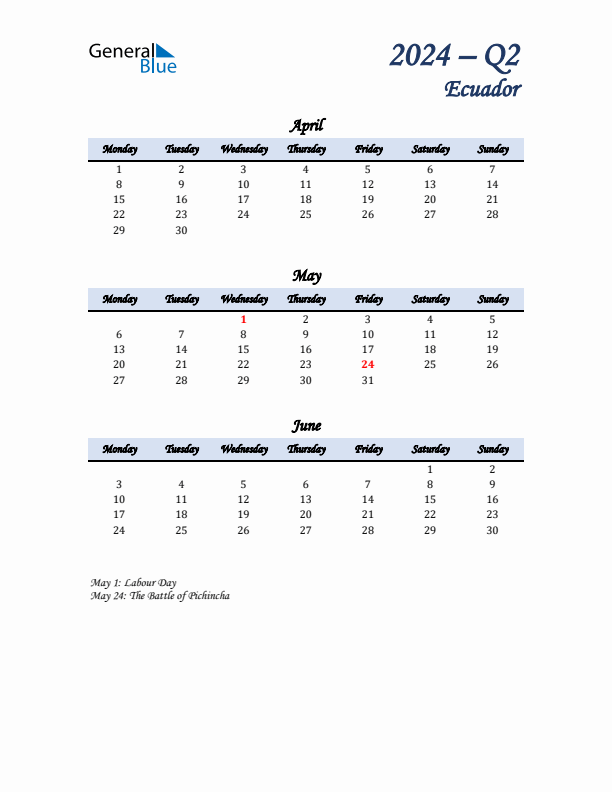 April, May, and June Calendar for Ecuador with Monday Start