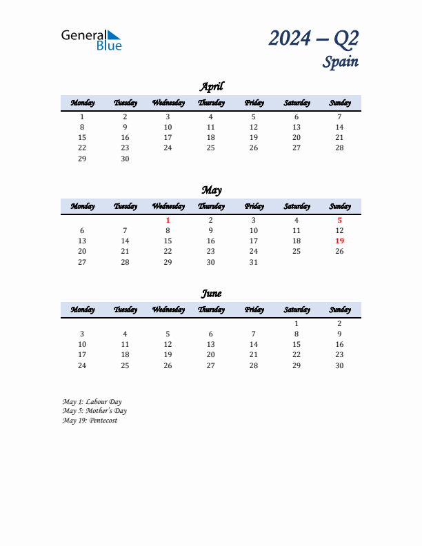 April, May, and June Calendar for Spain with Monday Start