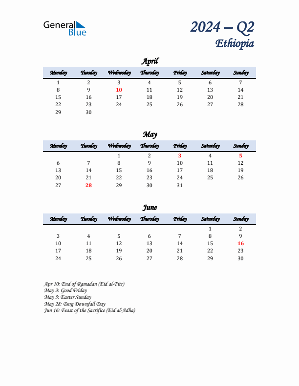 April, May, and June Calendar for Ethiopia with Monday Start