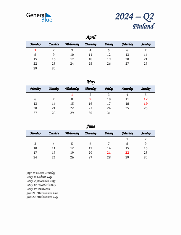 April, May, and June Calendar for Finland with Monday Start