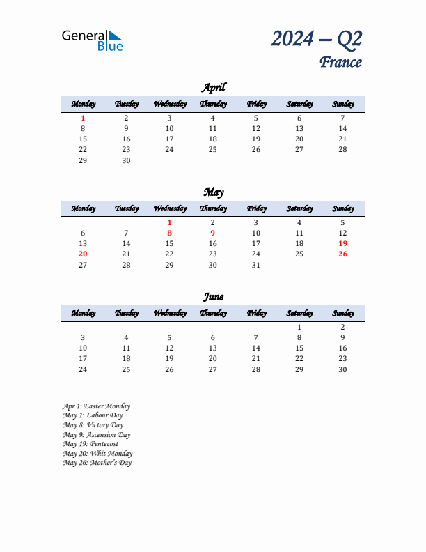 April, May, and June Calendar for France with Monday Start