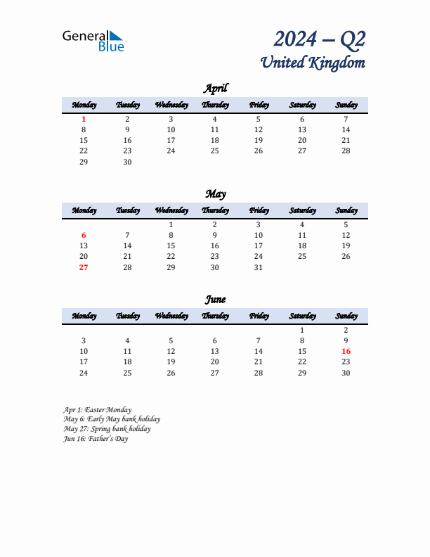 April, May, and June Calendar for United Kingdom with Monday Start