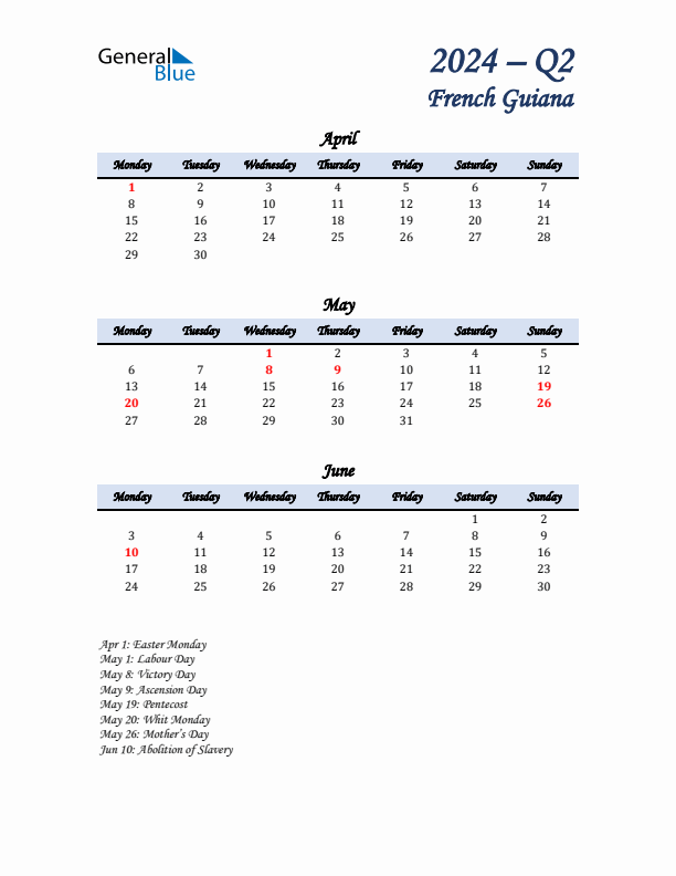 April, May, and June Calendar for French Guiana with Monday Start