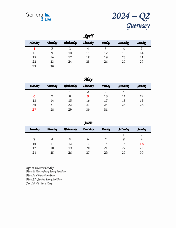 April, May, and June Calendar for Guernsey with Monday Start