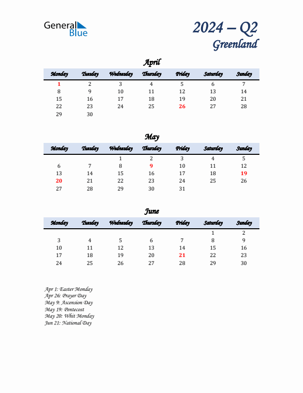 April, May, and June Calendar for Greenland with Monday Start