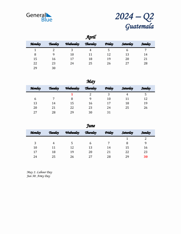 April, May, and June Calendar for Guatemala with Monday Start