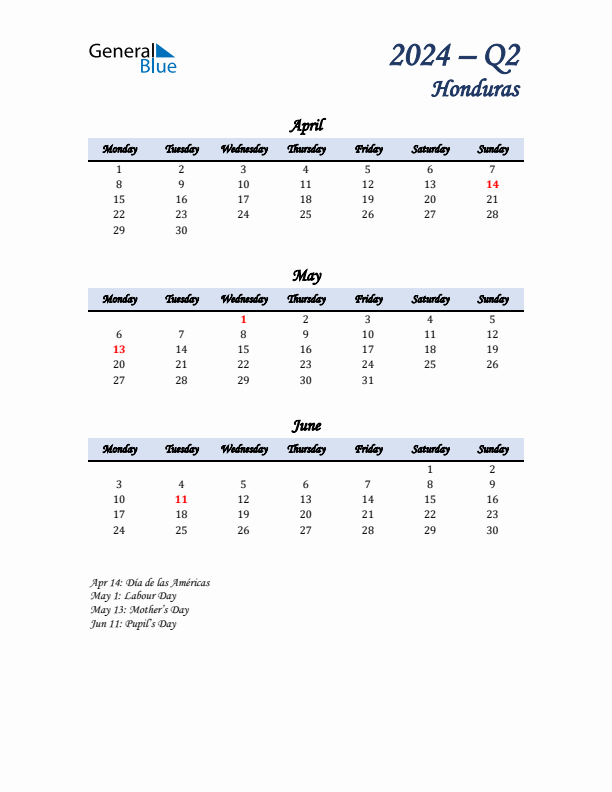 April, May, and June Calendar for Honduras with Monday Start