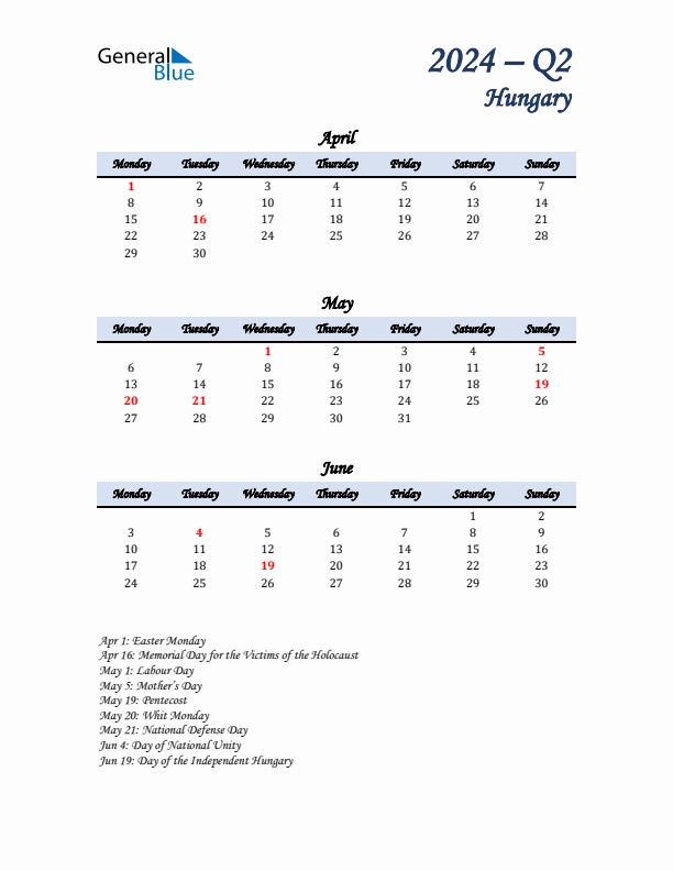 April, May, and June Calendar for Hungary with Monday Start