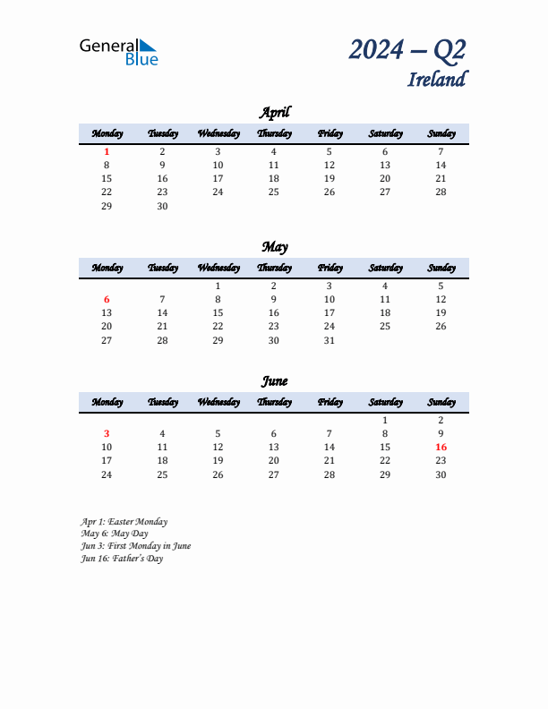 April, May, and June Calendar for Ireland with Monday Start