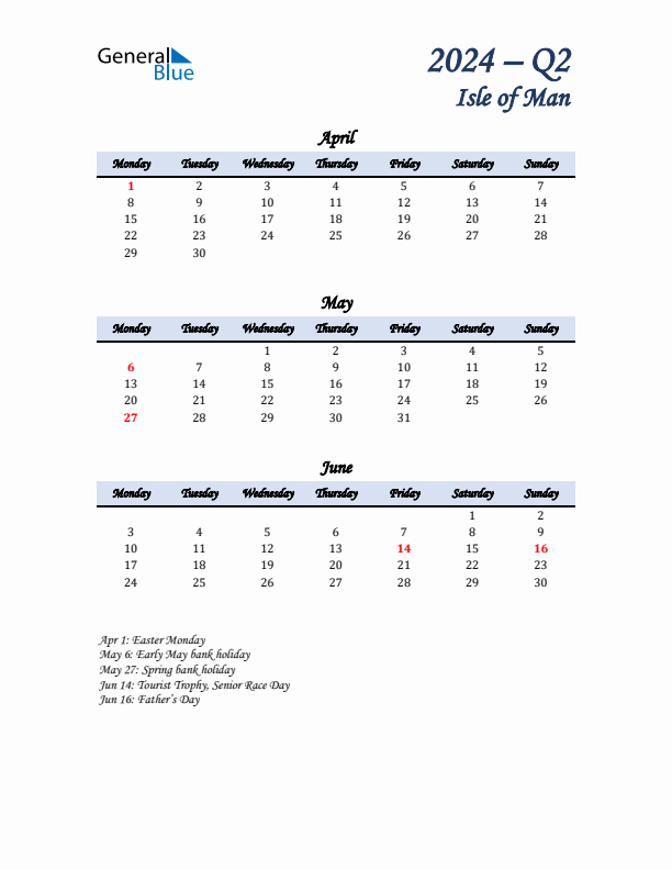 April, May, and June Calendar for Isle of Man with Monday Start