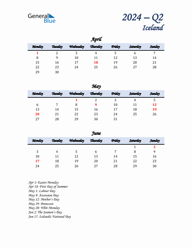 April, May, and June Calendar for Iceland with Monday Start