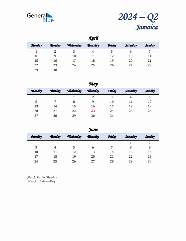 April, May, and June Calendar for Jamaica with Monday Start