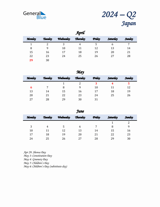 April, May, and June Calendar for Japan with Monday Start