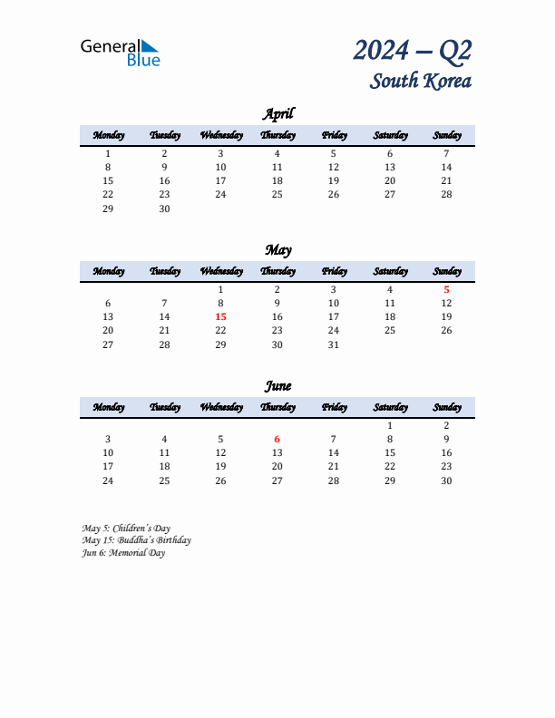 April, May, and June Calendar for South Korea with Monday Start