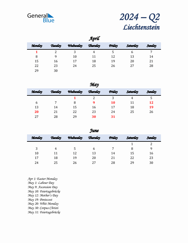 April, May, and June Calendar for Liechtenstein with Monday Start