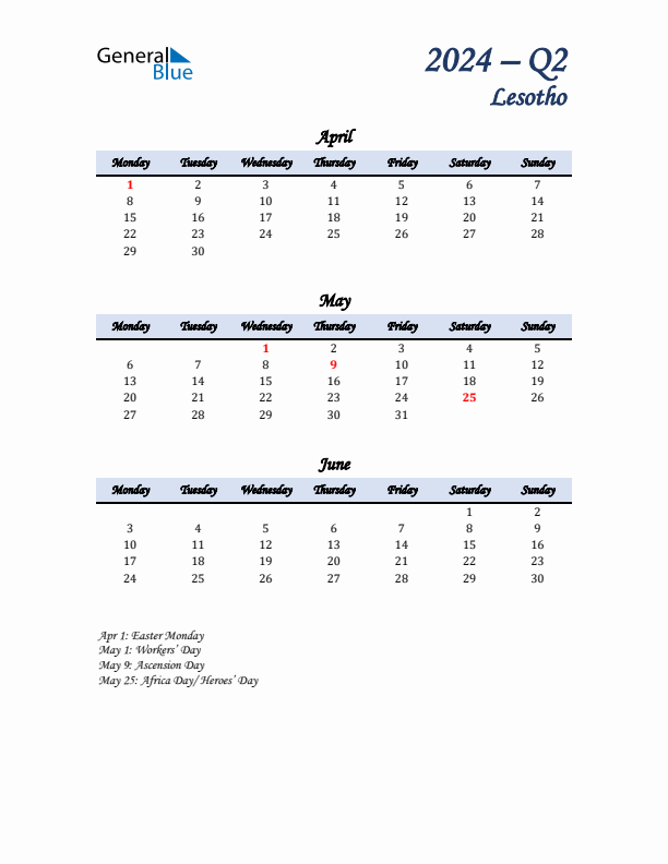 April, May, and June Calendar for Lesotho with Monday Start