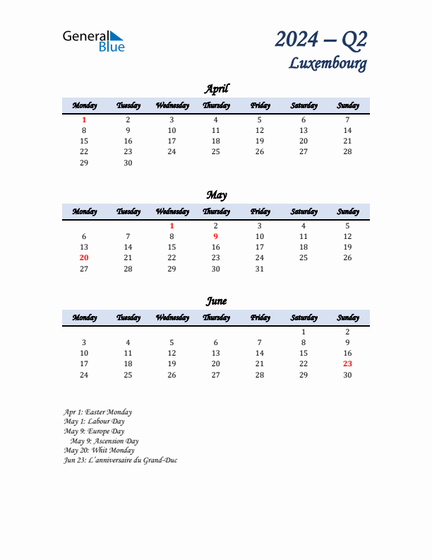 April, May, and June Calendar for Luxembourg with Monday Start