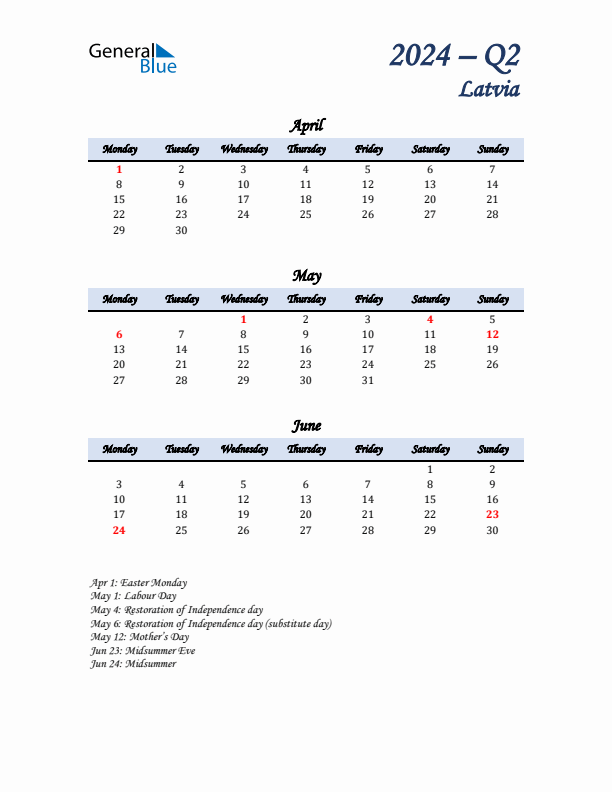 April, May, and June Calendar for Latvia with Monday Start