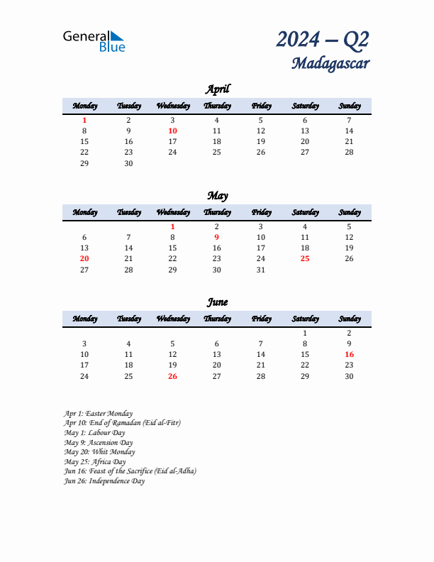 April, May, and June Calendar for Madagascar with Monday Start