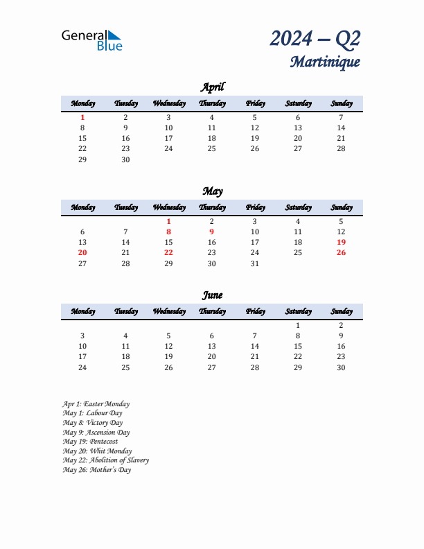 April, May, and June Calendar for Martinique with Monday Start