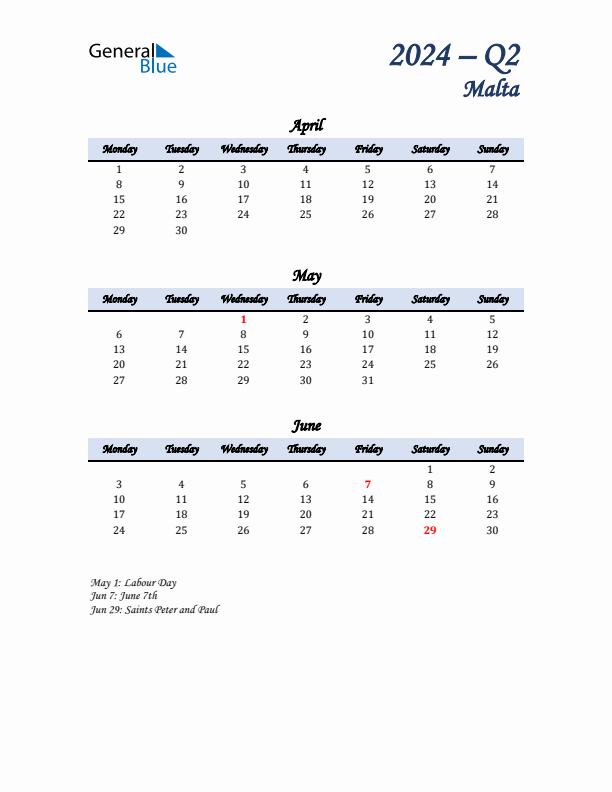 April, May, and June Calendar for Malta with Monday Start