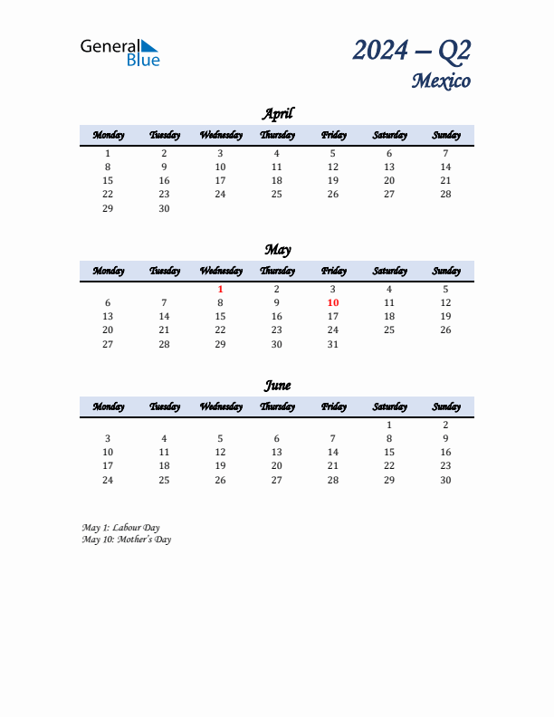 April, May, and June Calendar for Mexico with Monday Start