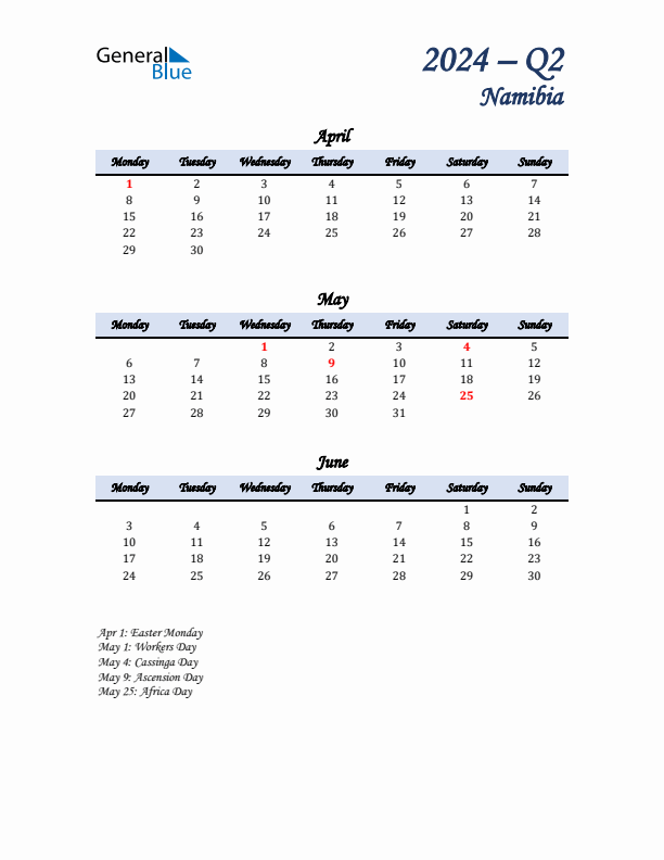 April, May, and June Calendar for Namibia with Monday Start