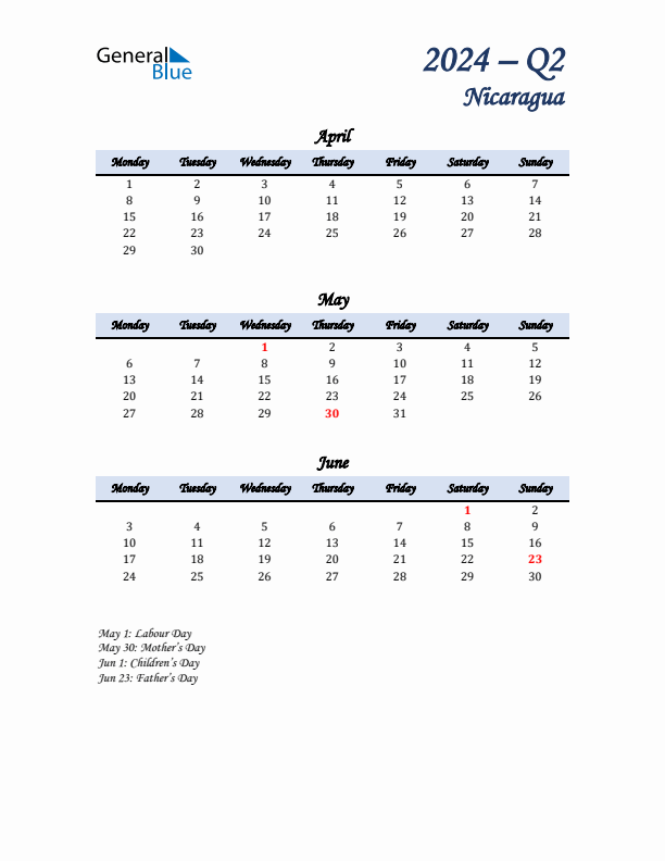 April, May, and June Calendar for Nicaragua with Monday Start