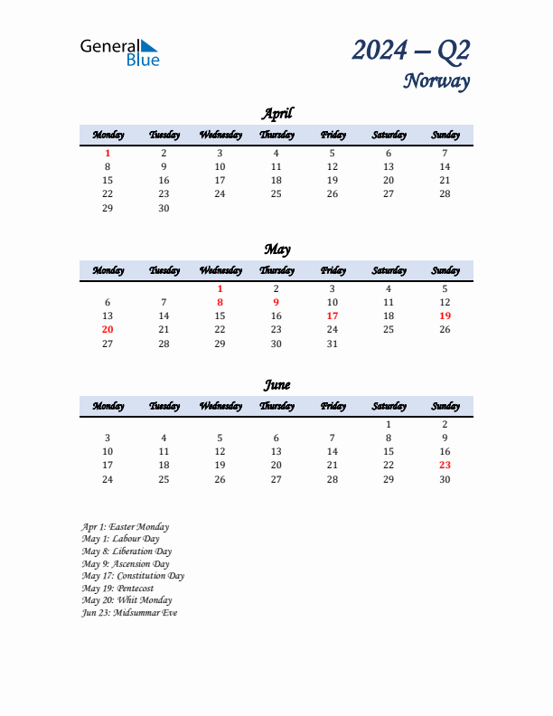 April, May, and June Calendar for Norway with Monday Start