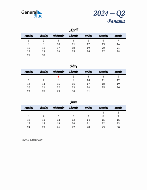 April, May, and June Calendar for Panama with Monday Start