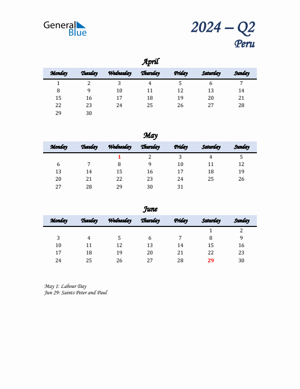 April, May, and June Calendar for Peru with Monday Start