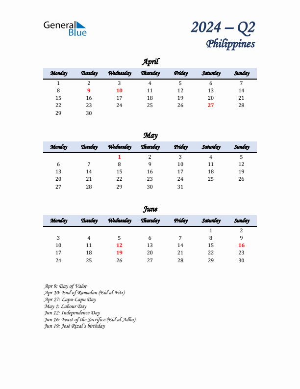 April, May, and June Calendar for Philippines with Monday Start