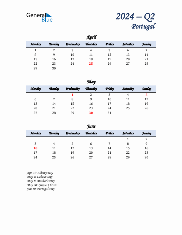 April, May, and June Calendar for Portugal with Monday Start