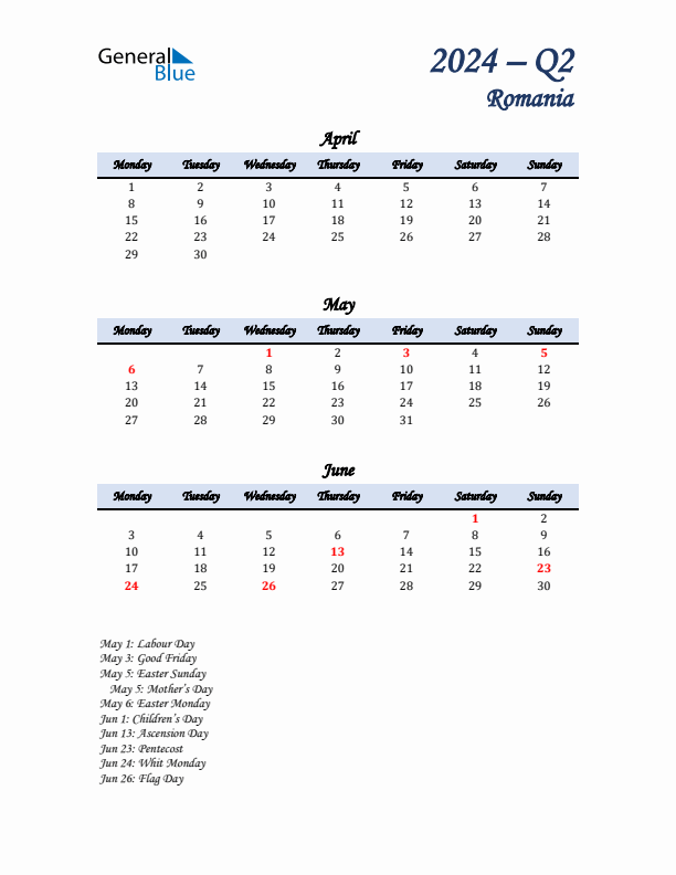 April, May, and June Calendar for Romania with Monday Start