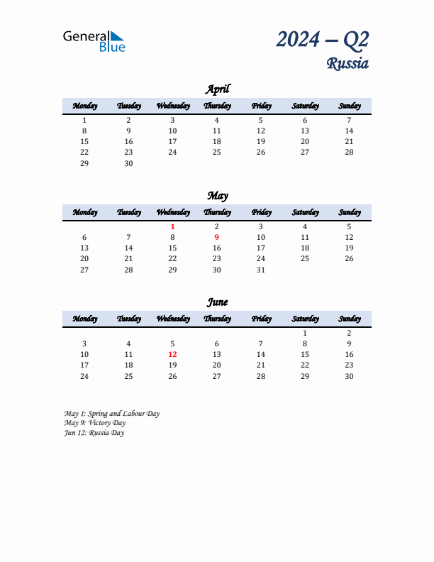 April, May, and June Calendar for Russia with Monday Start