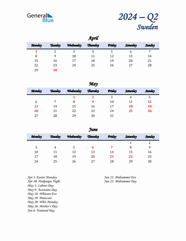 April, May, and June Calendar for Sweden with Monday Start