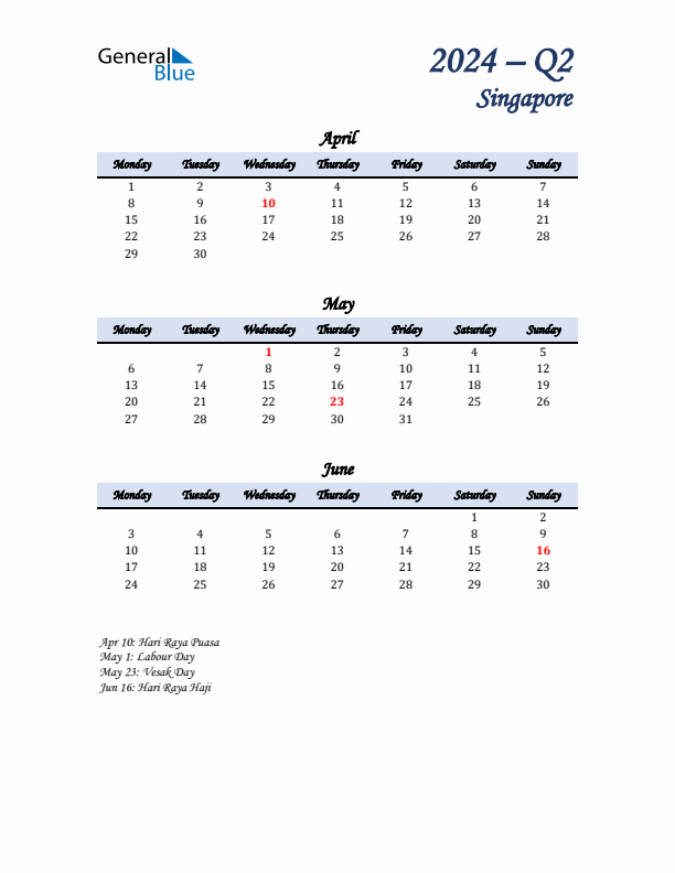 April, May, and June Calendar for Singapore with Monday Start