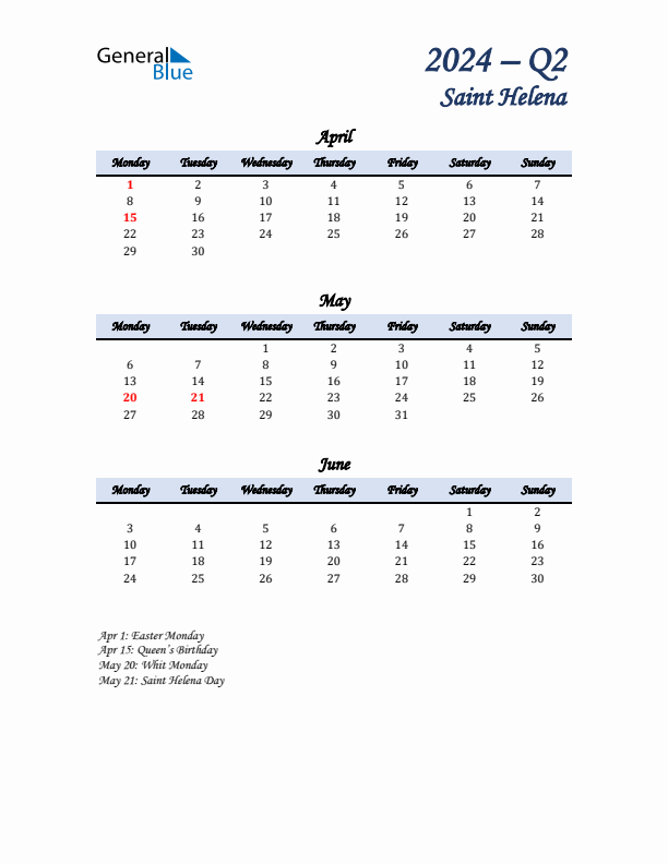 April, May, and June Calendar for Saint Helena with Monday Start