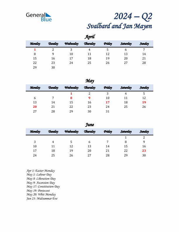 April, May, and June Calendar for Svalbard and Jan Mayen with Monday Start