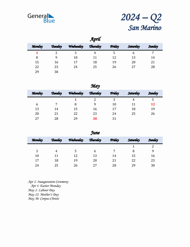 April, May, and June Calendar for San Marino with Monday Start