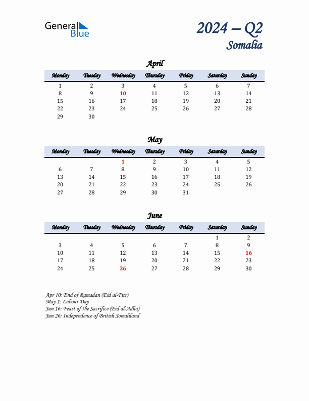 April, May, and June Calendar for Somalia with Monday Start