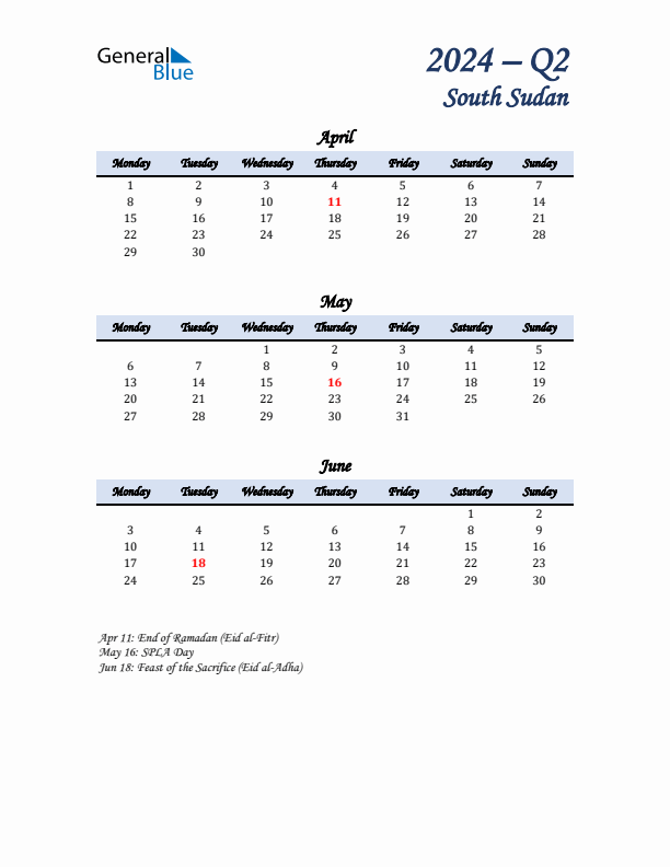 April, May, and June Calendar for South Sudan with Monday Start