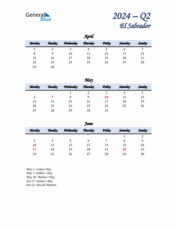 April, May, and June Calendar for El Salvador with Monday Start