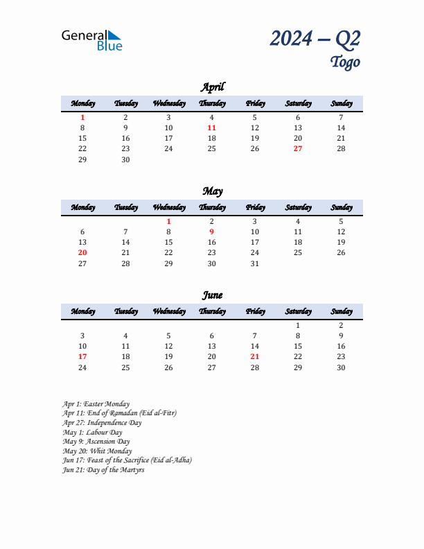 April, May, and June Calendar for Togo with Monday Start