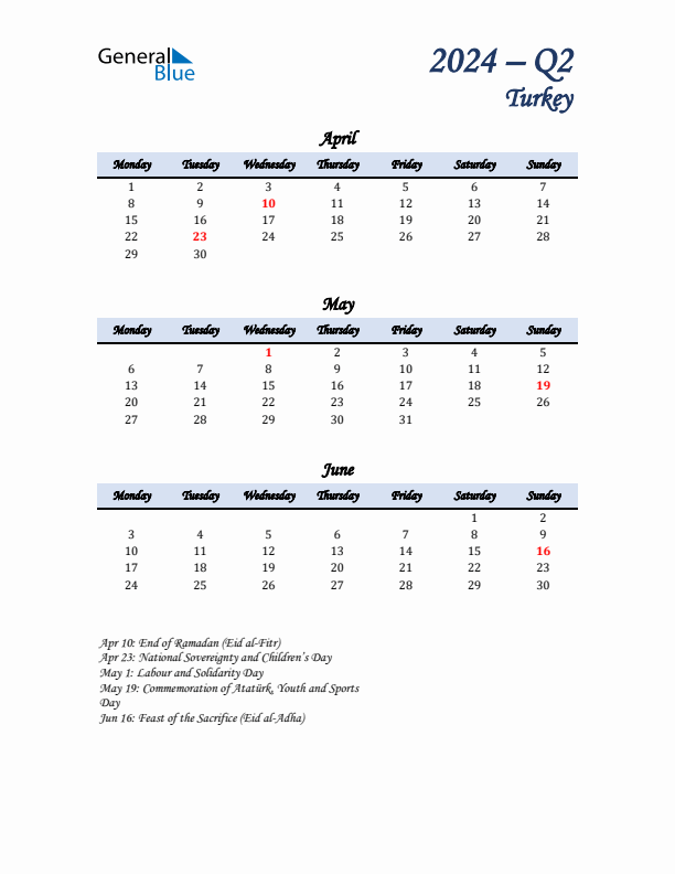 April, May, and June Calendar for Turkey with Monday Start